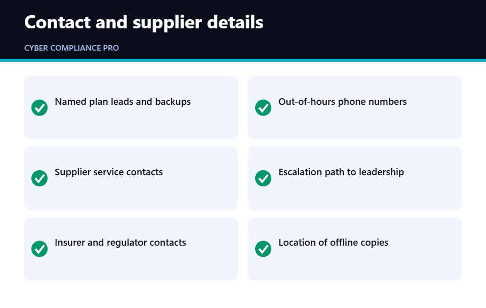 Checklist of contact and supplier details for a business continuity plan template