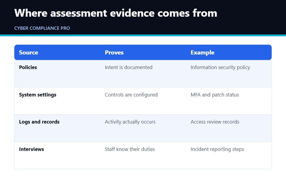 Comparison table of evidence sources for a cyber compliance assessment
