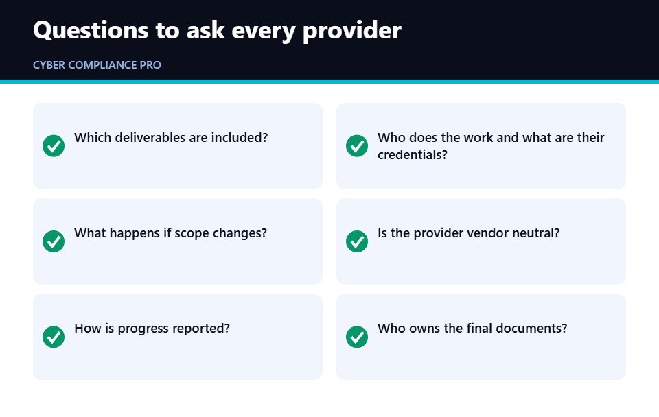 Checklist of questions for comparing cybersecurity compliance consulting quotes