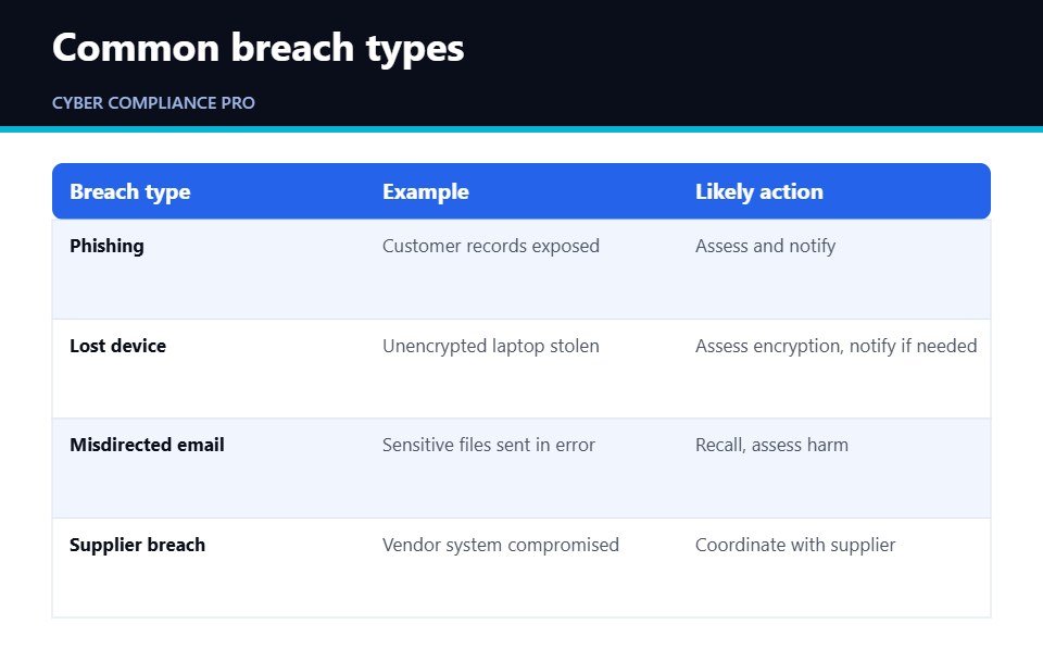 Comparison table of breach types and notification triggers for a data breach response plan