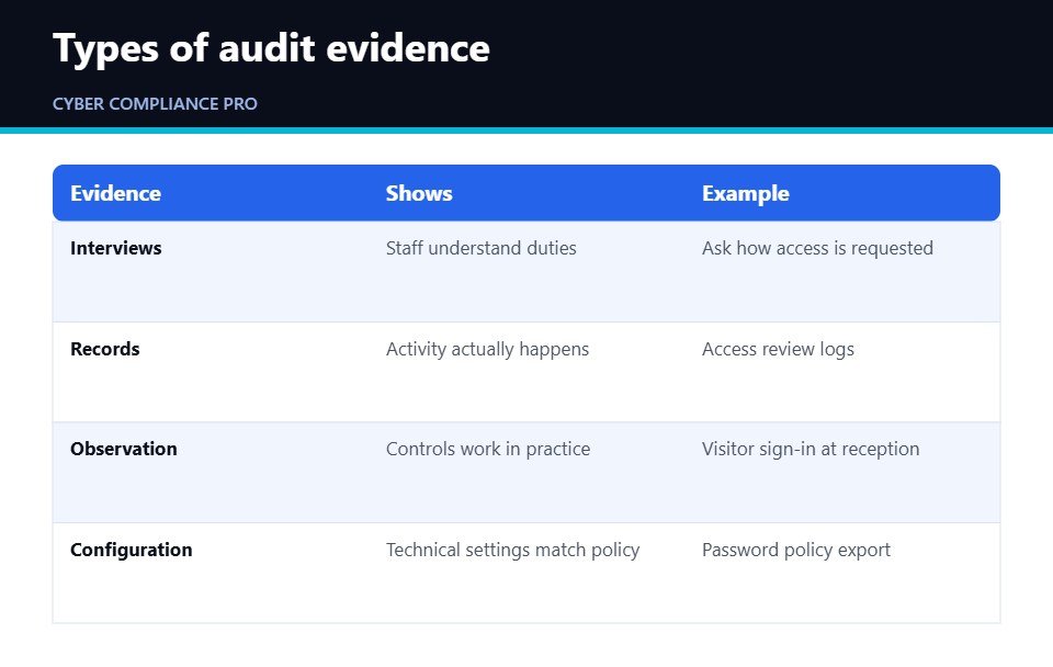 Comparison table of evidence types used in an ISO 27001 internal audit