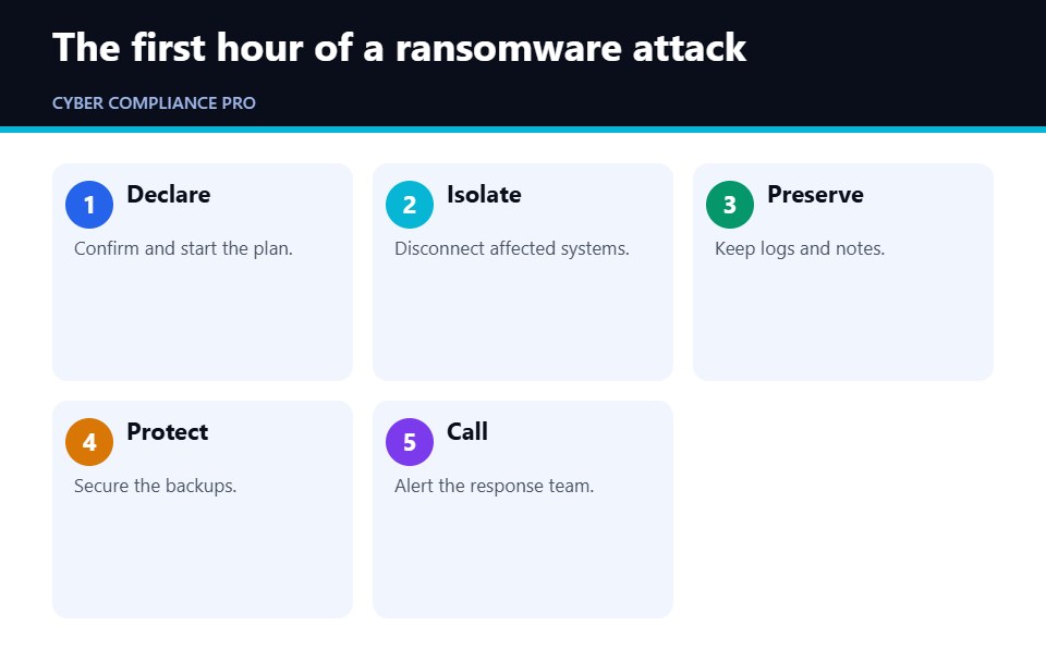 First-hour steps in a cyber attack incident response plan for ransomware