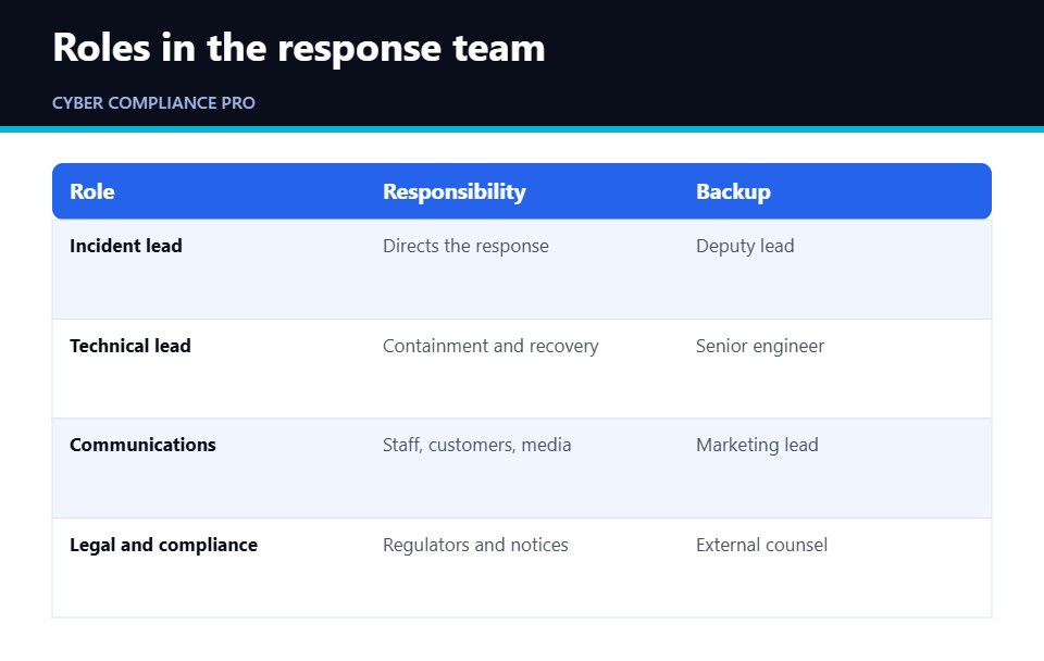 Table of roles in a ransomware incident response team